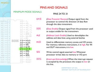 DT/R (Data Transmit/ Receive) Output signal from the
processor to control the direction of data flow
through the data transceivers
DEN (Data Enable) Output signal from the processor used
as output enable for the transceivers
ALE (Address Latch Enable) Used to demultiplex the
address and data lines using external latches
M/IO Used to differentiate memory access and I/O access.
For memory reference instructions, it is high. For IN
and OUT instructions, it is low.
WR Write control signal; asserted low Whenever
processor writes data to memory or I/O port
INTA (Interrupt Acknowledge)When the interrupt request
is accepted by the processor, the output is low on
this line.
MODULE 1
PINS AND SIGNALS
MINIMUM MODE SIGNALS
DEPARTMENT OF ECE,
ARYANET INSTITUTE OF TECHNOLOGY
PINS 24 TO 31
 