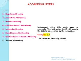 Instructions using this mode have no
operands. The instruction itself will specify
the data to be operated by the instruction.
Example: CLC
This clears the carry flag to zero.
ADDRESSING MODES
DEPARTMENT OF ECE,
ARYANET INSTITUTE OF TECHNOLOGY
1. Register Addressing
2. Immediate Addressing
3. Direct Addressing
4. Register Indirect Addressing
5. Indexed Addressing
6. Based Indexed Addressing
7. Relative based indexed Addressing
8. Implied Addressing
 