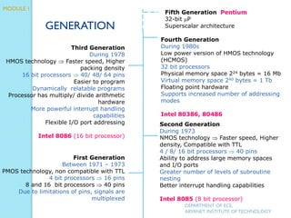 First Generation
Between 1971 – 1973
PMOS technology, non compatible with TTL
4 bit processors  16 pins
8 and 16 bit processors  40 pins
Due to limitations of pins, signals are
multiplexed
Second Generation
During 1973
NMOS technology  Faster speed, Higher
density, Compatible with TTL
4 / 8/ 16 bit processors  40 pins
Ability to address large memory spaces
and I/O ports
Greater number of levels of subroutine
nesting
Better interrupt handling capabilities
Intel 8085 (8 bit processor)
Third Generation
During 1978
HMOS technology  Faster speed, Higher
packing density
16 bit processors  40/ 48/ 64 pins
Easier to program
Dynamically relatable programs
Processor has multiply/ divide arithmetic
hardware
More powerful interrupt handling
capabilities
Flexible I/O port addressing
Intel 8086 (16 bit processor)
Fourth Generation
During 1980s
Low power version of HMOS technology
(HCMOS)
32 bit processors
Physical memory space 224 bytes = 16 Mb
Virtual memory space 240 bytes = 1 Tb
Floating point hardware
Supports increased number of addressing
modes
Intel 80386, 80486
Fifth Generation Pentium
32-bit P
Superscalar architectureGENERATION
DEPARTMENT OF ECE,
ARYANET INSTITUTE OF TECHNOLOGY
MODULE 1
 