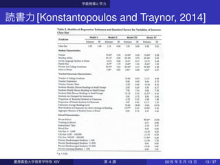 学級規模と学力
読書力[Konstantopoulos and Traynor, 2014]
慶應義塾大学教育学特殊 XIV 第 4 講 2015 年 5 月 13 日 13 / 37
 
