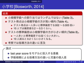 学級規模と学力
小学校[Bosworth, 2014]
結果
小規模学級への割り当てはランダムではない (Table 3)。
テスト得点は小規模学級の方が高い傾向 (Table 4)。
テスト得点は一人多いと標準偏差で 0.002 ∼ 0.005 低い
10 人では偏差値 0.2 ∼ 0.5 くらい。
テストの標準偏差は小規模学級の方が小さい傾向 (Table 8)。
一人多いと標準偏差で 0.02 くらい大きい。
10 人減ると 0.2 くらい小さくなる。
考察では指導方法の違いに言及
論点 
last year score をモデルに投入する意義
学級規模による指導方法の違いと児童の個人差
 慶應義塾大学教育学特殊 XIV 第 4 講 2015 年 5 月 13 日 7 / 37
 