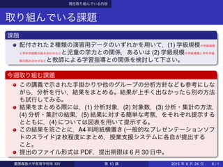 現在取り組んでいる内容
取り組んでいる課題
課題
配付された 2 種類の演習用データのいずれかを用いて，(1) 学級規模や学級規模
と学年学級数の組み合わせなどと児童の学力との関係，あるいは (2) 学級規模や学級規模と学年学級
数の組み合わせなどと教師による学習指導との関係を検討して下さい。
今週取り組む課題
この講義で示された手掛かりや他のグループの分析方針なども参考にしな
がら，分析を行い，結果をまとめる。結果が上手く出なかったら別の方法
も試行してみる。
結果をまとめる際には，(1) 分析対象，(2) 対象数，(3) 分析・集計の方法，
(4) 分析・集計の結果，(5) 結果に対する簡単な考察，をそれぞれ提示する
とともに，(4) については図表を用いて提示する。
この結果を班ごとに，A4 判用紙横置き (一般的なプレゼンテーションソフ
トのスライド)2 枚程度にまとめ，授業支援システムに各自が提出する
こと。
提出のファイル形式は PDF，提出期限は 6 月 30 日中。
慶應義塾大学教育学特殊 XIV 第 10 講 2015 年 6 月 24 日 6 / 1
 