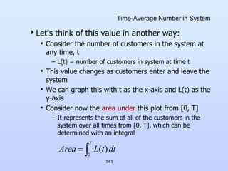 141
Time-Average Number in System
Let's think of this value in another way:
• Consider the number of customers in the system at
any time, t
– L(t) = number of customers in system at time t
• This value changes as customers enter and leave the
system
• We can graph this with t as the x-axis and L(t) as the
y-axis
• Consider now the area under this plot from [0, T]
– It represents the sum of all of the customers in the
system over all times from [0, T], which can be
determined with an integral


T
dt
t
L
Area
0
)
(
 
