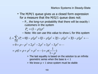 160
Markov Systems in Steady-State
• The M/M/1 queue gives us a closed form expression
for a measure that the M/G/1 queue does not:
– Pi , the long-run probability that there will be exactly i
customers in the system
– Note: We can use this value to show L for this system
> The last equality is based on the solution to an infinite
geometric series when the base is < 1
> We know ρ < 1 since system must be stable
n
n
P 
)
1
( 

)
1
1
(
)
1
(
3
3
2
2
0
]
1
[
3
]
1
[
2
]
1
[
1
]
1
[
0
3
2
4
3
3
2
2
3
2
1
0
0












































 





i
i
P
i
L
 