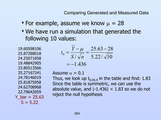 264
Comparing Generated and Measured Data
For example, assume we know  = 28
We have run a simulation that generated the
following 10 values:
19.60598106
25.87288018
24.25071858
19.48842905
33.80513566
35.27167241
24.78146019
25.81875958
24.62708968
22.79642059
Y_bar = 25.63
S = 5.22
436
.
1
10
/
22
.
5
28
63
.
25
/
0






n
S
Y
t

Assume  = 0.1
Thus, we look up t0.05,9 in the table and find: 1.83
Since the table is symmetric, we can use the
absolute value, and |-1.436| < 1.83 so we do not
reject the null hypothesis
 
