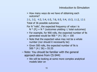 15
Introduction to Simulation
> How many ways do we have of obtaining each
outcome?
2:1, 3:2, 4:3, 5:4, 6:5, 7:6, 8:5, 9:4...