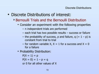 72
Discrete Distributions
• Discrete Distributions of interest:
Bernoulli Trials and the Bernoulli Distribution
• Conside...
