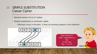 SIMPLE SUBSTITUTION
Caesar Cipher
• General version of rot 13 cipher
• Simple substitution is confusion cipher
• Although using E in the plain, E does not necessary appears in the chiphertxt
10
How (many) to
shift / substitute is a
key
In this case
key = 3 or 23
Gaius Iulius Caesar
https://upload.wikimedia.org/wikipedia/commons/4/4a/C
aesar_cipher_left_shift_of_3.svg
 