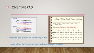 ONE TIME PAD12
• One time pad is made on the beauty of Xor
• repeat within the “one-time” pad made cryptanalysis possible
 