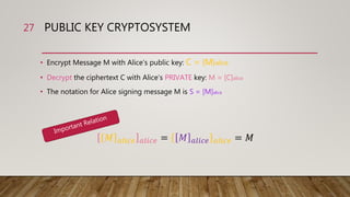 PUBLIC KEY CRYPTOSYSTEM
• Encrypt Message M with Alice’s public key: C = {M}alice
• Decrypt the ciphertext C with Alice’s PRIVATE key: M = [C]alice
• The notation for Alice signing message M is S = [M]alice
27
𝑀 𝑎𝑙𝑖𝑐𝑒 𝑎𝑙𝑖𝑐𝑒 = 𝑀 𝑎𝑙𝑖𝑐𝑒 𝑎𝑙𝑖𝑐𝑒 = 𝑀
 