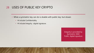 USES OF PUBLIC KEY CRYPTO
• What a symmetric key can do is doable with public key: but slower.
•  include Confidentiality
•  include Integrity : digital signature.
28
Integrity is provided by
Symmetric: MAC
Public: digital signature
 