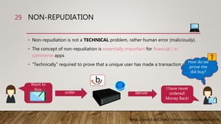 NON-REPUDIATION
• Non-repudiation is not a TECHNICAL problem, rather human error (maliciously).
• The concept of non-repudiation is essentially important for financial / e-
commerse apps
• “Technically” required to prove that a unique user has made a transaction request.
29
http://world.std.com/~cme/non-repudiation.htm
Want to
buy:
order
I have never
ordered!
Money Back!
deriver
b
How do we
prove she
did buy?
 