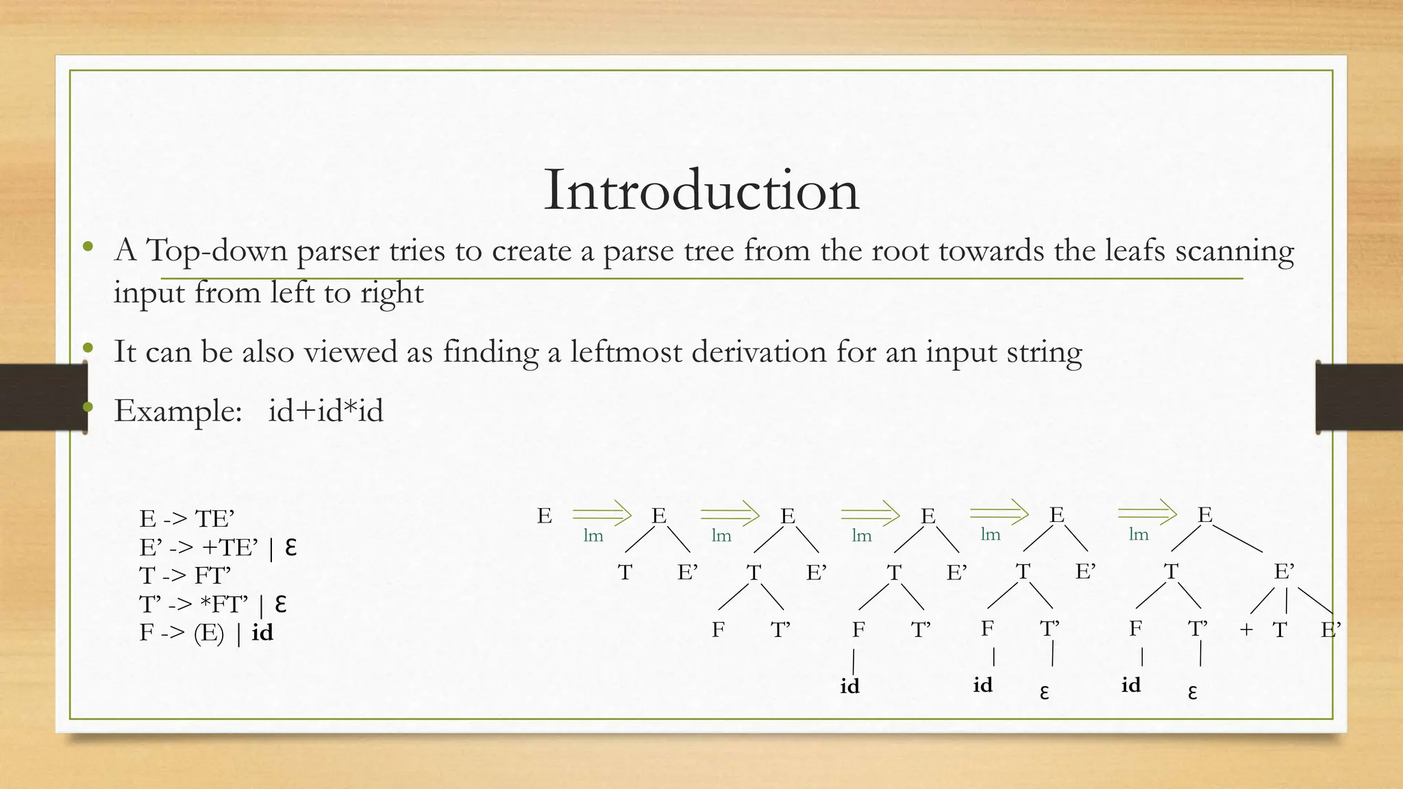 Introduction
• A Top-down parser tries to create a parse tree from the root towards the leafs scanning
input from left to right
• It can be also viewed as finding a leftmost derivation for an input string
• Example: id+id*id
E -> TE’
E’ -> +TE’ | Ɛ
T -> FT’
T’ -> *FT’ | Ɛ
F -> (E) | id
E
lm
E
T E’
lm
E
T E’
F T’
lm
E
T E’
F T’
id
lm
E
T E’
F T’
id Ɛ
lm
E
T E’
F T’
id Ɛ
+ T E’
 