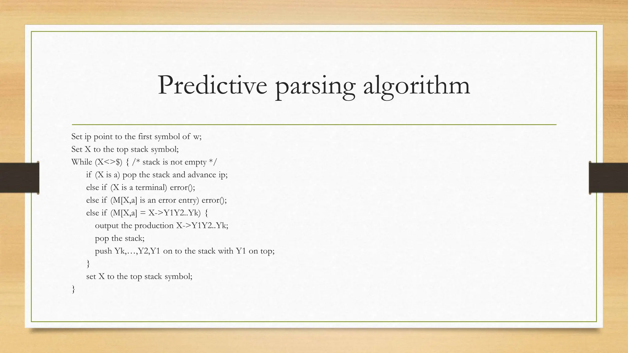 Predictive parsing algorithm
Set ip point to the first symbol of w;
Set X to the top stack symbol;
While (X<>$) { /* stack is not empty */
if (X is a) pop the stack and advance ip;
else if (X is a terminal) error();
else if (M[X,a] is an error entry) error();
else if (M[X,a] = X->Y1Y2..Yk) {
output the production X->Y1Y2..Yk;
pop the stack;
push Yk,…,Y2,Y1 on to the stack with Y1 on top;
}
set X to the top stack symbol;
}
 