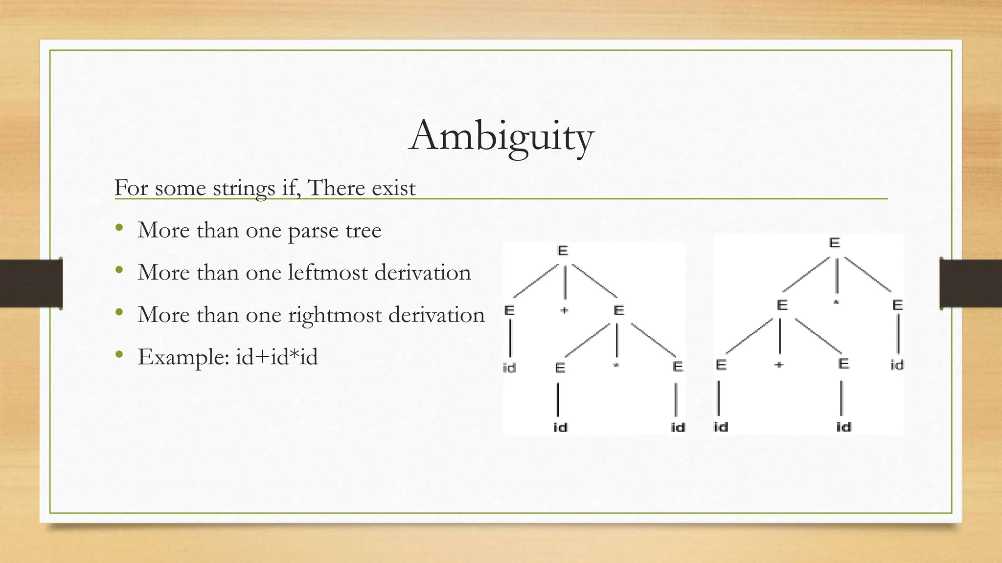 Ambiguity
For some strings if, There exist
• More than one parse tree
• More than one leftmost derivation
• More than one rightmost derivation
• Example: id+id*id
 