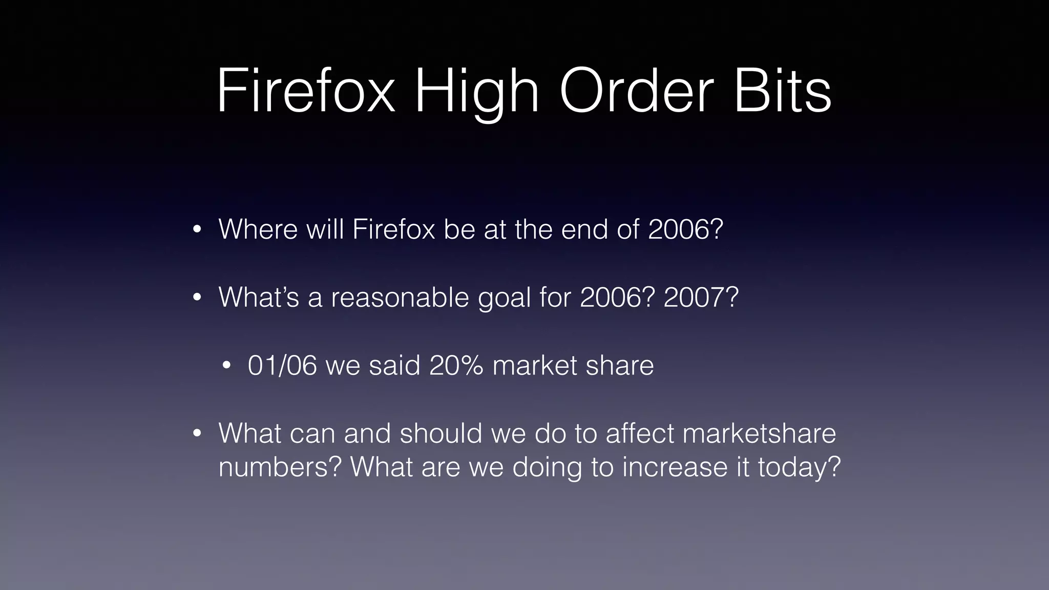 Firefox High Order Bits
• Where will Firefox be at the end of 2006?
• What’s a reasonable goal for 2006? 2007?
• 01/06 we said 20% market share
• What can and should we do to affect marketshare
numbers? What are we doing to increase it today?
 