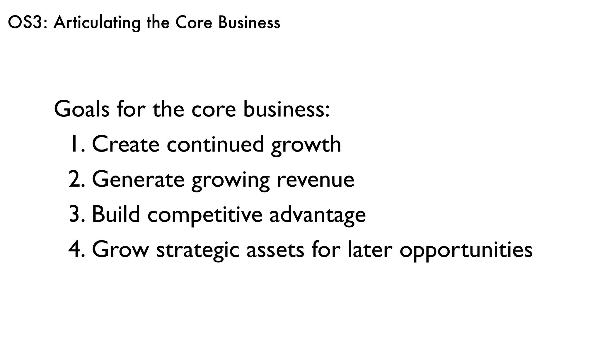 OS3: Articulating the Core Business
Goals for the core business:
1. Create continued growth
2. Generate growing revenue
3. Build competitive advantage
4. Grow strategic assets for later opportunities
 