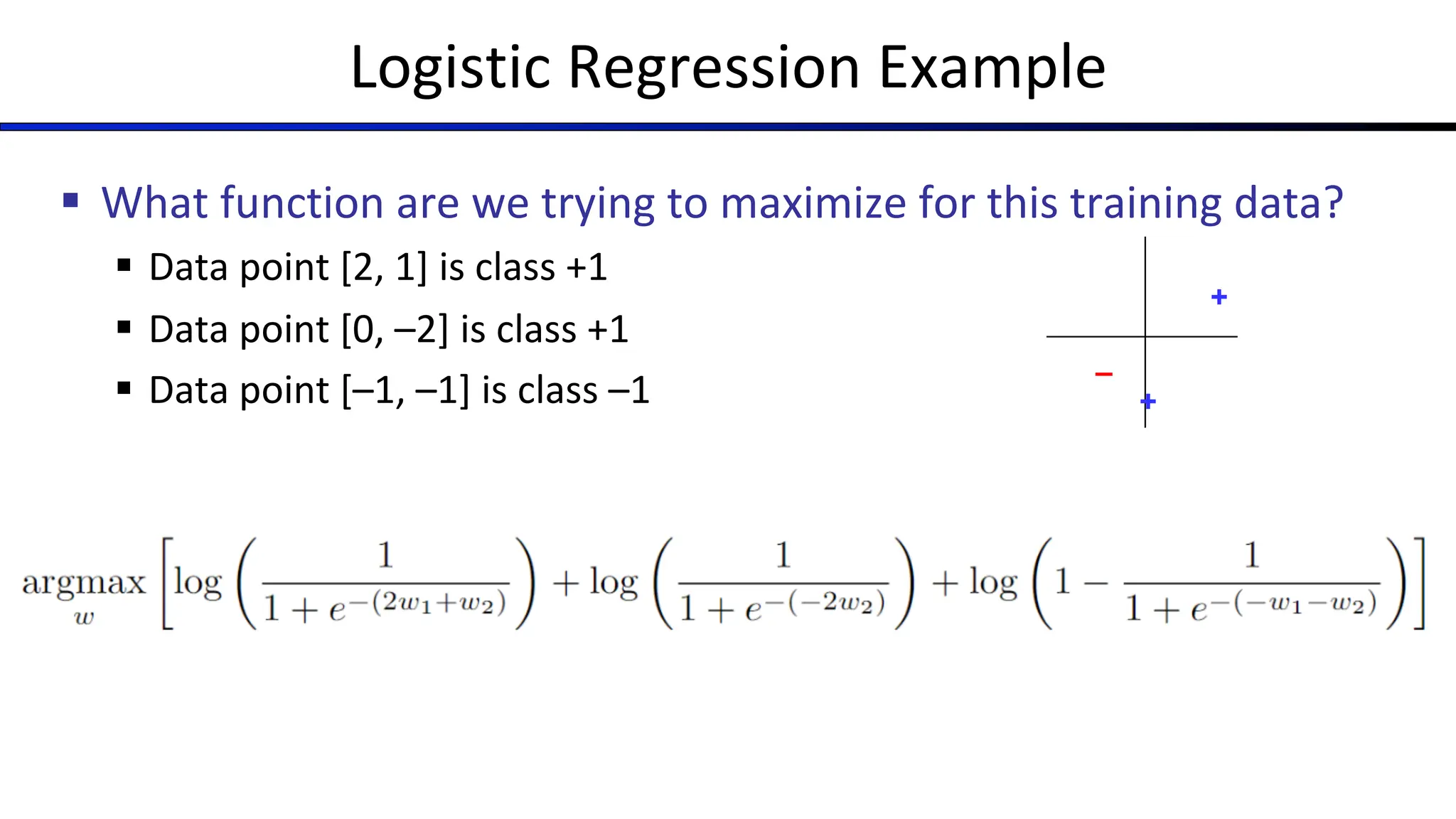 Logistic Regression Example
§ What function are we trying to maximize for this training data?
§ Data point [2, 1] is class +1
§ Data point [0, –2] is class +1
§ Data point [–1, –1] is class –1
+
–
+
 