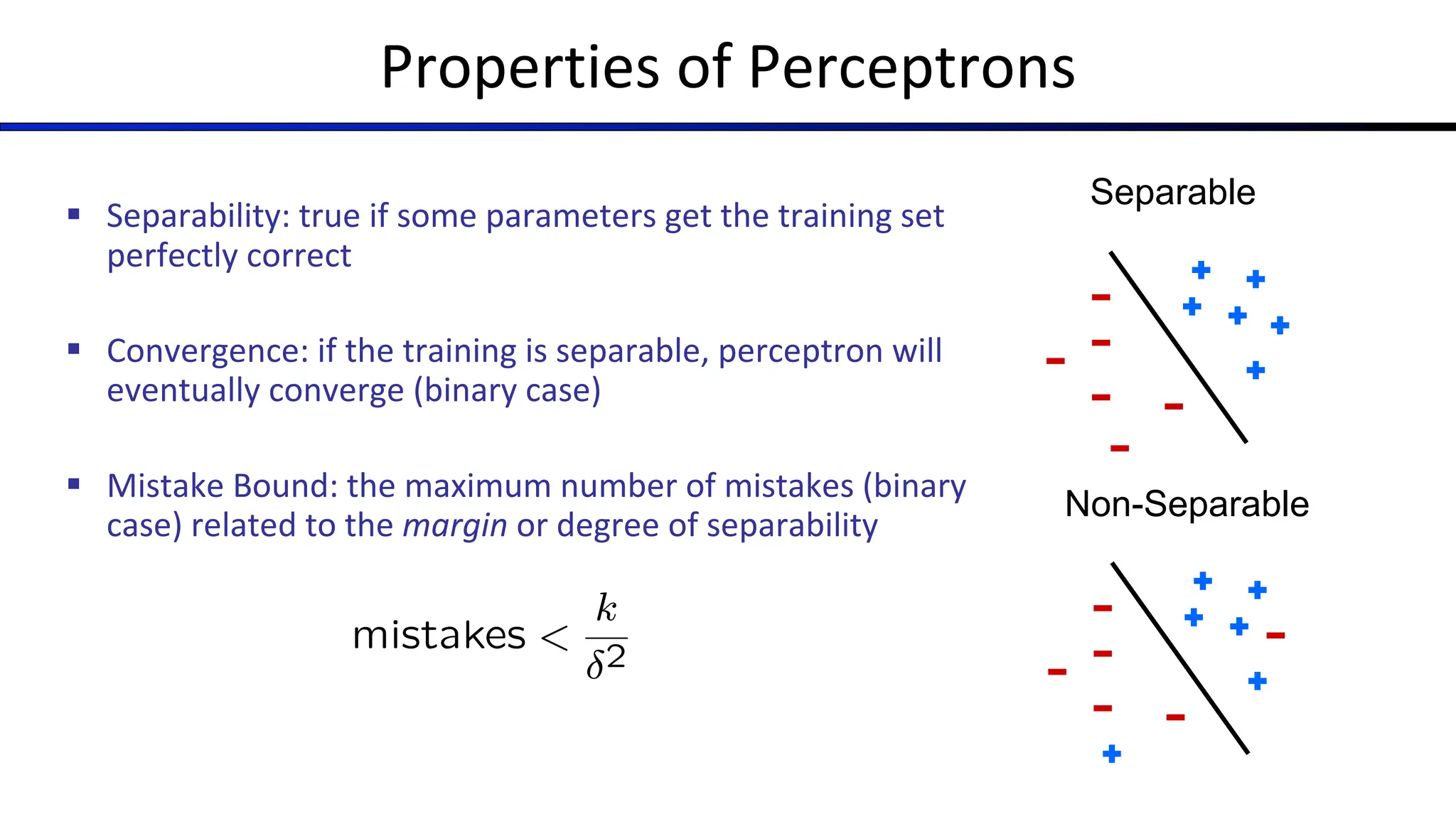 Properties of Perceptrons
§ Separability: true if some parameters get the training set
perfectly correct
§ Convergence: if the training is separable, perceptron will
eventually converge (binary case)
§ Mistake Bound: the maximum number of mistakes (binary
case) related to the margin or degree of separability
Separable
Non-Separable
 