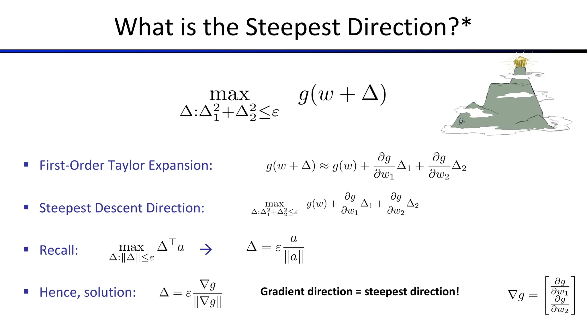 What is the Steepest Direction?*
§ First-Order Taylor Expansion:
§ Steepest Descent Direction:
§ Recall: à
§ Hence, solution:
g(w + ) ⇡ g(w) +
@g
@w1
1 +
@g
@w2
2
rg =
"
@g
@w1
@g
@w2
#
Gradient direction = steepest direction!
max
: 2
1+ 2
2"
g(w + )
max
: 2
1+ 2
2"
g(w) +
@g
@w1
1 +
@g
@w2
2
= "
rg
krgk
= "
a
kak
max
:k k"
>
a
 