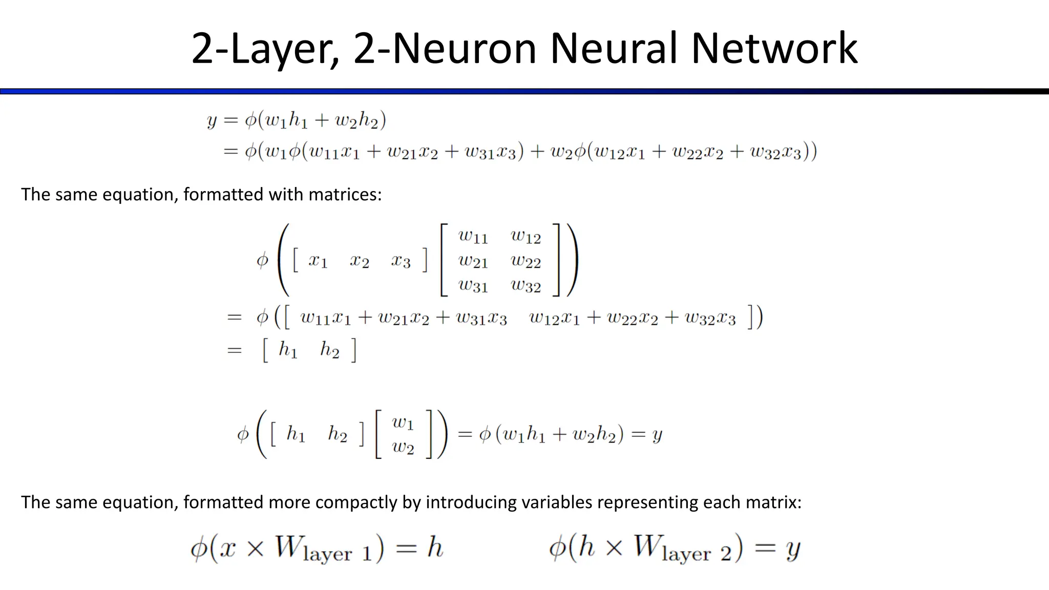 2-Layer, 2-Neuron Neural Network
The same equation, formatted with matrices:
The same equation, formatted more compactly by introducing variables representing each matrix:
 