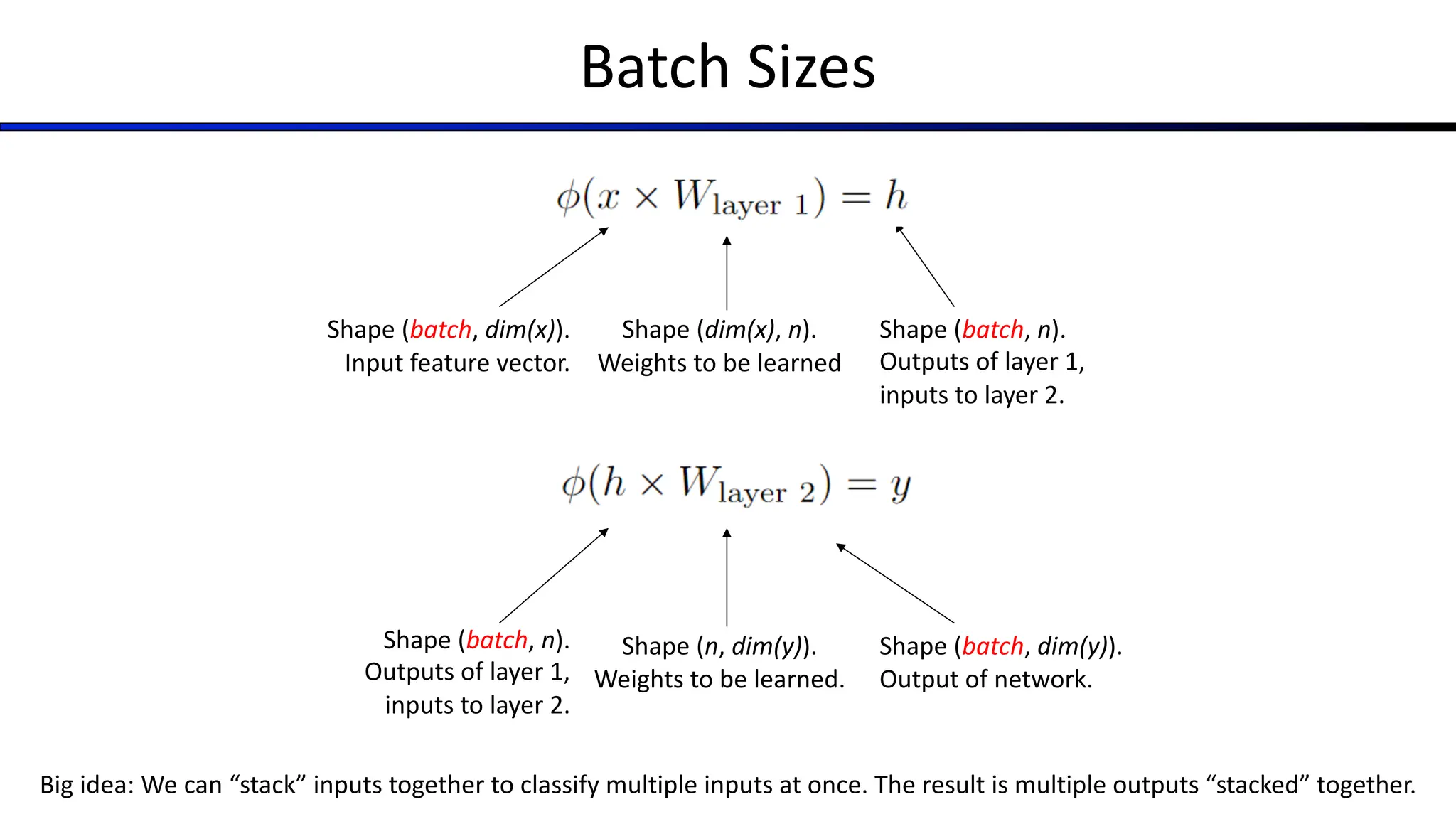 Batch Sizes
Shape (batch, dim(x)).
Input feature vector.
Shape (dim(x), n).
Weights to be learned
Shape (batch, n).
Outputs of layer 1,
inputs to layer 2.
Shape (batch, n).
Outputs of layer 1,
inputs to layer 2.
Shape (n, dim(y)).
Weights to be learned.
Shape (batch, dim(y)).
Output of network.
Big idea: We can “stack” inputs together to classify multiple inputs at once. The result is multiple outputs “stacked” together.
 