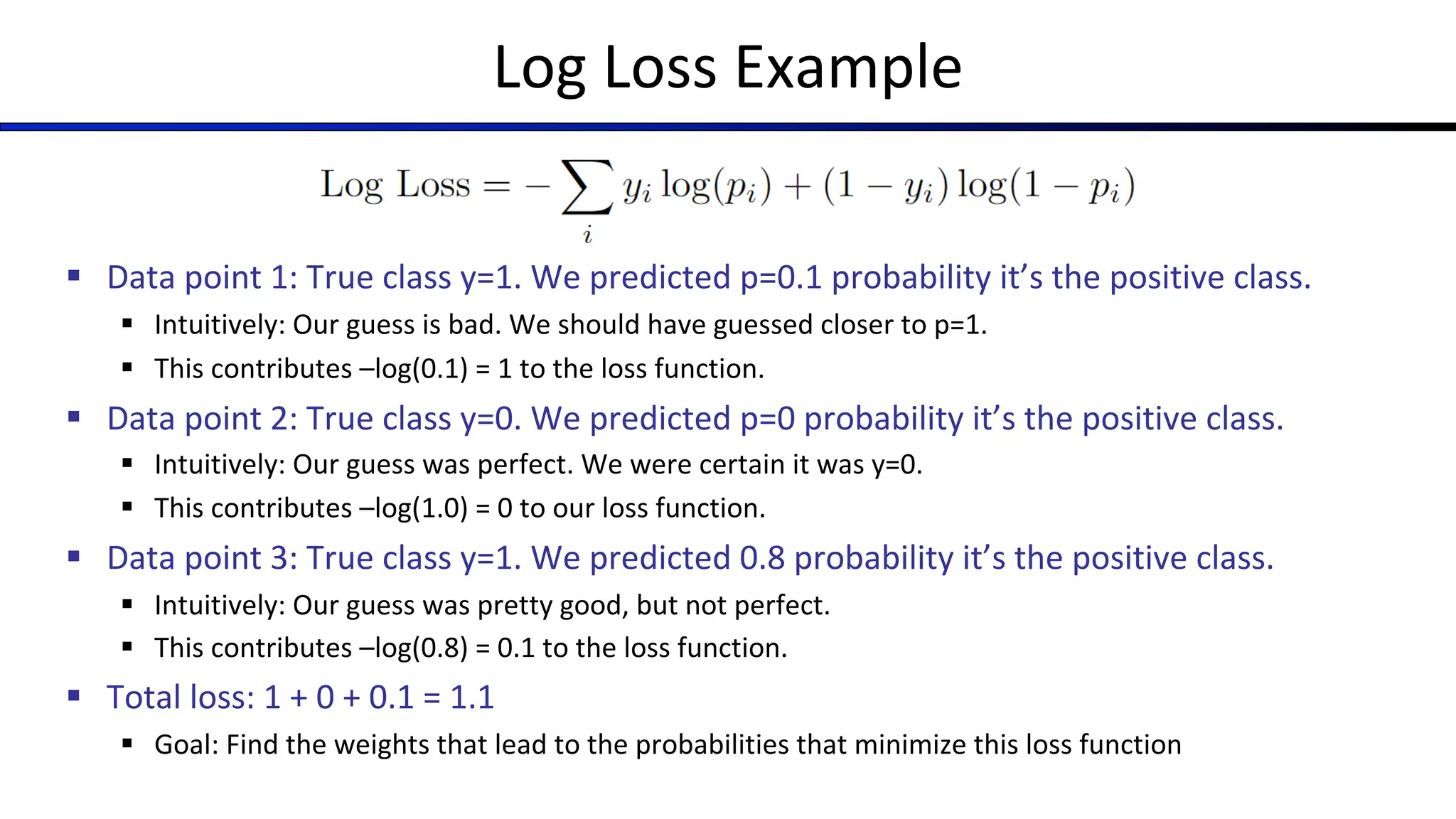 Log Loss Example
§ Data point 1: True class y=1. We predicted p=0.1 probability it’s the positive class.
§ Intuitively: Our guess is bad. We should have guessed closer to p=1.
§ This contributes –log(0.1) = 1 to the loss function.
§ Data point 2: True class y=0. We predicted p=0 probability it’s the positive class.
§ Intuitively: Our guess was perfect. We were certain it was y=0.
§ This contributes –log(1.0) = 0 to our loss function.
§ Data point 3: True class y=1. We predicted 0.8 probability it’s the positive class.
§ Intuitively: Our guess was pretty good, but not perfect.
§ This contributes –log(0.8) = 0.1 to the loss function.
§ Total loss: 1 + 0 + 0.1 = 1.1
§ Goal: Find the weights that lead to the probabilities that minimize this loss function
 