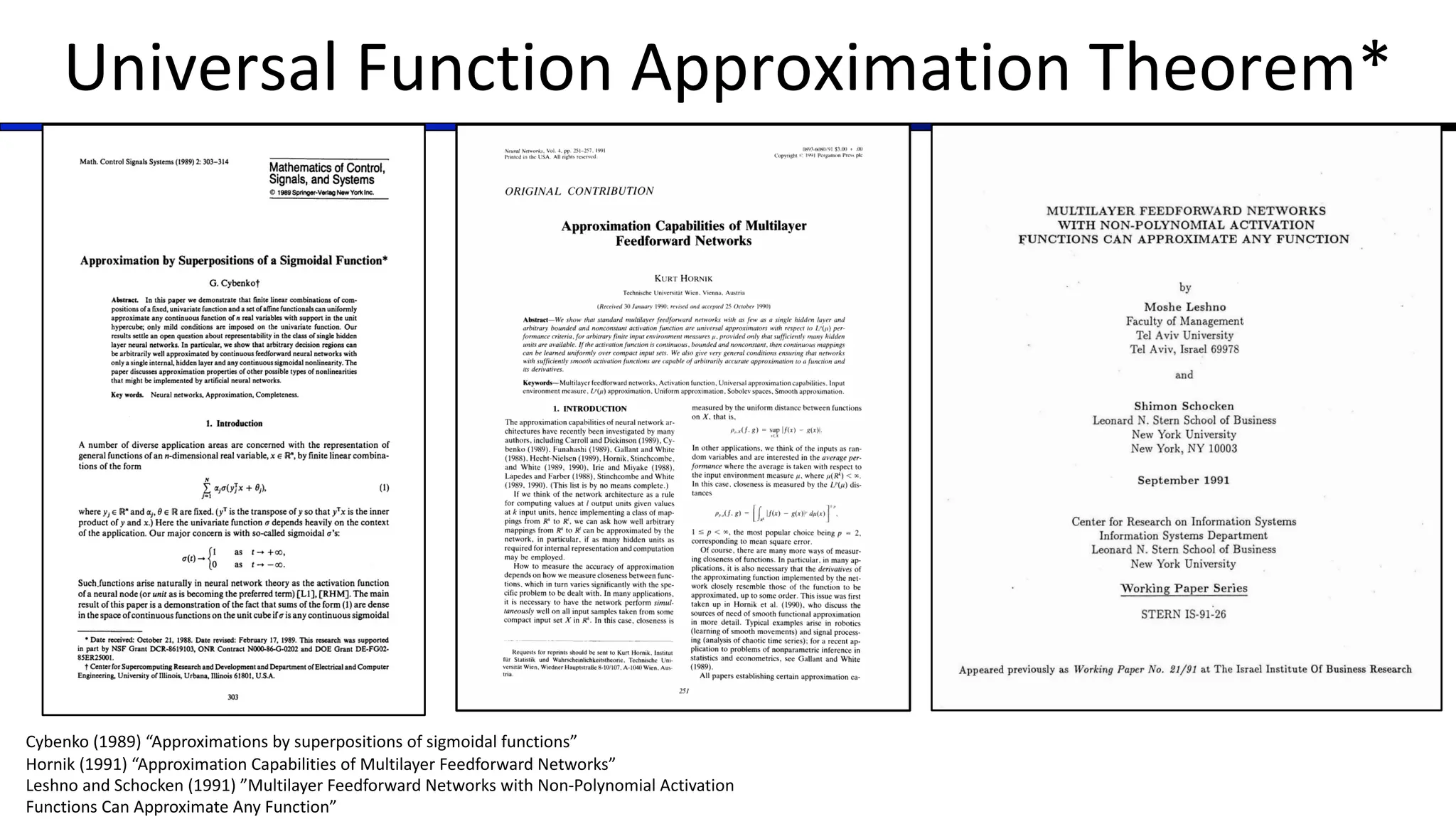Universal Function Approximation Theorem*
Cybenko (1989) “Approximations by superpositions of sigmoidal functions”
Hornik (1991) “Approximation Capabilities of Multilayer Feedforward Networks”
Leshno and Schocken (1991) ”Multilayer Feedforward Networks with Non-Polynomial Activation
Functions Can Approximate Any Function”
 