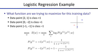 Logistic Regression Example
§ What function are we trying to maximize for this training data?
§ Data point [2, 1] is class +1
§ Data point [0, –2] is class +1
§ Data point [–1, –1] is class –1
max
w
ll(w) = max
w
X
i
log P(y(i)
|x(i)
; w)
P(y(i)
= +1|x(i)
; w) =
1
1 + e w·f(x(i))
P(y(i)
= 1|x(i)
; w) = 1
1
1 + e w·f(x(i))
+
–
+
 