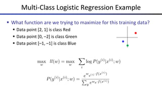Multi-Class Logistic Regression Example
§ What function are we trying to maximize for this training data?
§ Data point [2, 1] is class Red
§ Data point [0, –2] is class Green
§ Data point [–1, –1] is class Blue
max
w
ll(w) = max
w
X
i
log P(y(i)
|x(i)
; w)
P(y(i)
|x(i)
; w) =
e
wy(i) ·f(x(i)
)
P
y ewy·f(x(i))
 