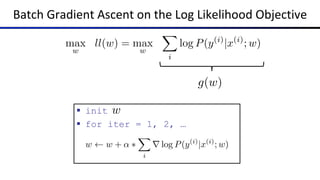 Batch Gradient Ascent on the Log Likelihood Objective
max
w
ll(w) = max
w
X
i
log P(y(i)
|x(i)
; w)
g(w)
§ init
§ for iter = 1, 2, …
w
w w + ↵ ⇤
X
i
r log P(y(i)
|x(i)
; w)
 