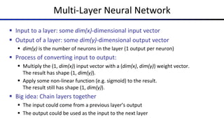 Multi-Layer Neural Network
§ Input to a layer: some dim(x)-dimensional input vector
§ Output of a layer: some dim(y)-dimensional output vector
§ dim(y) is the number of neurons in the layer (1 output per neuron)
§ Process of converting input to output:
§ Multiply the (1, dim(x)) input vector with a (dim(x), dim(y)) weight vector.
The result has shape (1, dim(y)).
§ Apply some non-linear function (e.g. sigmoid) to the result.
The result still has shape (1, dim(y)).
§ Big idea: Chain layers together
§ The input could come from a previous layer’s output
§ The output could be used as the input to the next layer
 