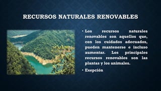 RECURSOS NATURALES RENOVABLES
• Los recursos naturales
renovables son aquellos que,
con los cuidados adecuados,
pueden mantenerse e incluso
aumentar. Los principales
recursos renovables son las
plantas y los animales.
• Exepción
 