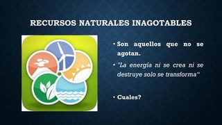 RECURSOS NATURALES INAGOTABLES
• Son aquellos que no se
agotan.
• "La energía ni se crea ni se
destruye solo se transforma“
• Cuales?
 