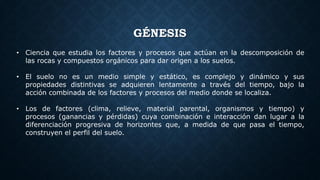 GÉNESIS
• Ciencia que estudia los factores y procesos que actúan en la descomposición de
las rocas y compuestos orgánicos ...
