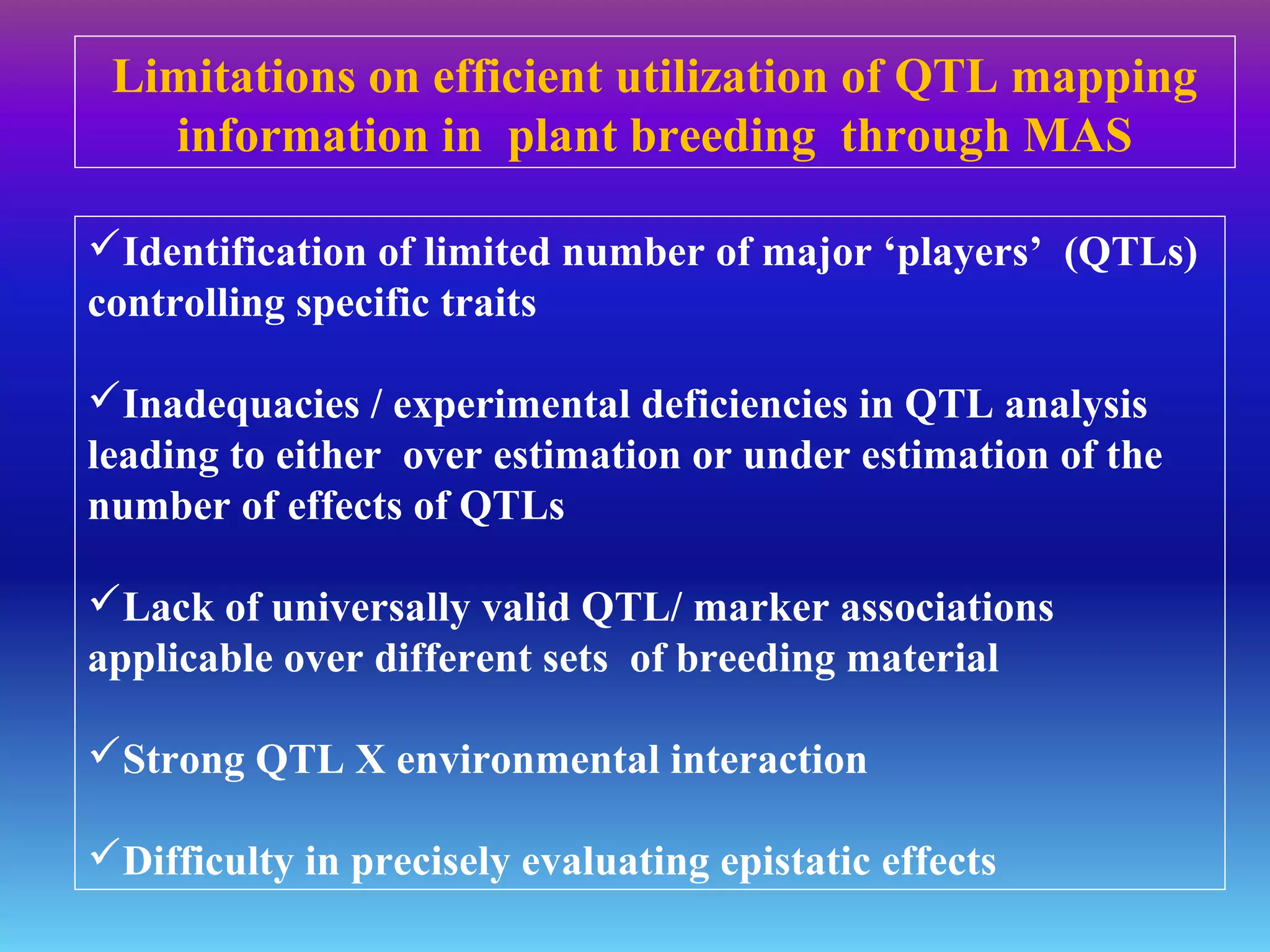 Identification of limited number of major ‘players’ (QTLs)
controlling specific traits
Inadequacies / experimental deficiencies in QTL analysis
leading to either over estimation or under estimation of the
number of effects of QTLs
Lack of universally valid QTL/ marker associations
applicable over different sets of breeding material
Strong QTL X environmental interaction
Difficulty in precisely evaluating epistatic effects
Limitations on efficient utilization of QTL mapping
information in plant breeding through MAS
 