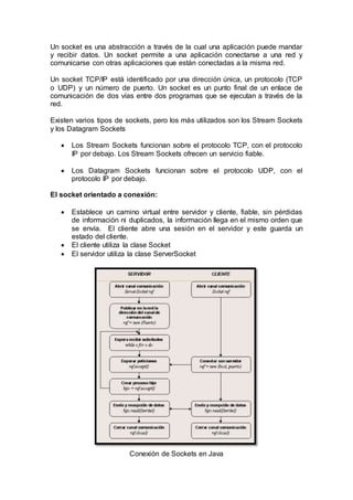 Un socket es una abstracción a través de la cual una aplicación puede mandar
y recibir datos. Un socket permite a una aplicación conectarse a una red y
comunicarse con otras aplicaciones que están conectadas a la misma red.
Un socket TCP/IP está identificado por una dirección única, un protocolo (TCP
o UDP) y un número de puerto. Un socket es un punto final de un enlace de
comunicación de dos vías entre dos programas que se ejecutan a través de la
red.
Existen varios tipos de sockets, pero los más utilizados son los Stream Sockets
y los Datagram Sockets
 Los Stream Sockets funcionan sobre el protocolo TCP, con el protocolo
IP por debajo. Los Stream Sockets ofrecen un servicio fiable.
 Los Datagram Sockets funcionan sobre el protocolo UDP, con el
protocolo IP por debajo.
El socket orientado a conexión:
 Establece un camino virtual entre servidor y cliente, fiable, sin pérdidas
de información ni duplicados, la información llega en el mismo orden que
se envía. El cliente abre una sesión en el servidor y este guarda un
estado del cliente.
 El cliente utiliza la clase Socket
 El servidor utiliza la clase ServerSocket
Conexión de Sockets en Java
 