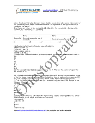 www.OneStopGATE.com – GATE Study Material, Forum,
downloads, discussions & more!
either Constant or Variable. Constant means that the search time is the same, independent of
the specific key value, where Variable means that it is dependent on the specific key value
chosen for the search.
Give the correct values for the entries X1, X2, X3 and X4 (for example X1 = Constant, X2=
Constant, X3 = Constant, X4= Constant).
B-tree B-tree
Successfu
l
Search Unsuccessful search
Successful
Search Unsuccessful search
xl x2 x3 x4
(b) Relation R(A,B) has the following view defined on it:
CREATE VIEW V AS
(SELECT R1.A,R2.B
FROM R AS Ri, R AS R2
WHERE R1.B=R2.A)
(i) The current contents of relation R are shown below. What are the contents of the view V?
A B
1 2
2 3
2 4
4 5
6 7
6 8
9 10
(ii) The tuples (2,11) and (11,) are now inserted into R. What are the additional tupels that
are inserted in V?
18. (a) Draw the process state transition diagram of an OS in which (i) each process is in one
of the five states: created, ready, running, blocked (i.e. sleep or wait), or terminated, and (ii)
only non-preemptive scheduling is used by the OS. Label the transitions appropriately.
(b) The functionality of atomic TEST-AND-SET assembly language instruction is given by the
following C function.
mt TEST-AND-SET (mt *x)
{
mt y;
Al :y=*x;
A2:*x=i;
A3:return y;
}
(i) Complete the following C functions for implementing code for entering and leaving critical
sections based on the above TEST-AND-SET instruction.
mt mutex=0;
void enter-csQ
{
while (
}
void leave-cs()
Visit http://groups.yahoo.com/group/OneStopGATE/ for joining the club of GATE Aspirants
 