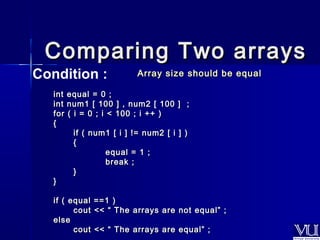 Comparing TTwwoo aarrrraayyss 
AArrrraayy ssiizzee sshhoouulldd bbee eeqquuaall 
Condition : 
iinntt eeqquuaall == 00 ;; 
iinntt nnuumm11 [[ 110000 ]] ,, nnuumm22 [[ 110000 ]] ;; 
ffoorr (( ii == 00 ;; ii << 110000 ;; ii ++++ )) 
{{ 
iiff (( nnuumm11 [[ ii ]] !!== nnuumm22 [[ ii ]] )) 
{{ 
eeqquuaall == 11 ;; 
bbrreeaakk ;; 
}} 
}} 
iiff (( eeqquuaall ====11 )) 
ccoouutt <<<< ““ TThhee aarrrraayyss aarree nnoott eeqquuaall”” ;; 
eellssee 
ccoouutt <<<< ““ TThhee aarrrraayyss aarree eeqquuaall”” ;; 
 