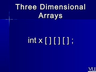 TThhrreeee DDiimmeennssiioonnaall 
AArrrraayyss 
iinntt xx [[ ]] [[ ]] [[ ]] ;; 
