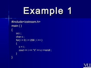 EExxaammppllee 11 
#iinncclluuddee<<iioossttrreeaamm..hh>> 
mmaaiinn (( )) 
{{ 
iinntt ii ;; 
cchhaarr cc ;; 
ffoorr(( ii == 00;; ii << 225566 ;; ii ++++ )) 
{{ 
cc == ii ;; 
ccoouutt <<<< ii <<<< ““tt”” <<<< cc <<<<eennddll ;; 
}} 
}} 
 