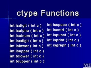 ccttyyppee FFuunnccttiioonnss 
iinntt iissddiiggiitt (( iinntt cc )) 
iinntt iissaallpphhaa (( iinntt cc )) 
iinntt iissaallnnuumm (( iinntt cc )) 
iinntt iissxxddiiggiitt (( iinntt cc )) 
iinntt iisslloowweerr (( iinntt cc )) 
iinntt iissuuppppeerr (( iinntt cc )) 
iinntt ttoolloowweerr (( iinntt cc )) 
iinntt ttoouuppppeerr (( iinntt cc )) 
iinntt iissssppaaccee (( iinntt cc )) 
iinntt iissccnnttrrll (( iinntt cc )) 
iinntt iissppuunncctt (( iinntt cc )) 
iinntt iisspprriinntt (( iinntt cc )) 
iinntt iissggrraapphh (( iinntt cc )) 
 
