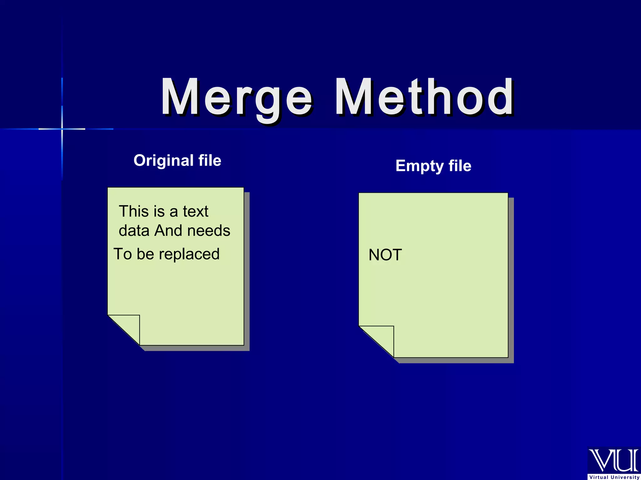 MMeerrggee MMeetthhoodd 
Original file Empty file 
This is a text 
data And needs 
To be replaced NOT 
 