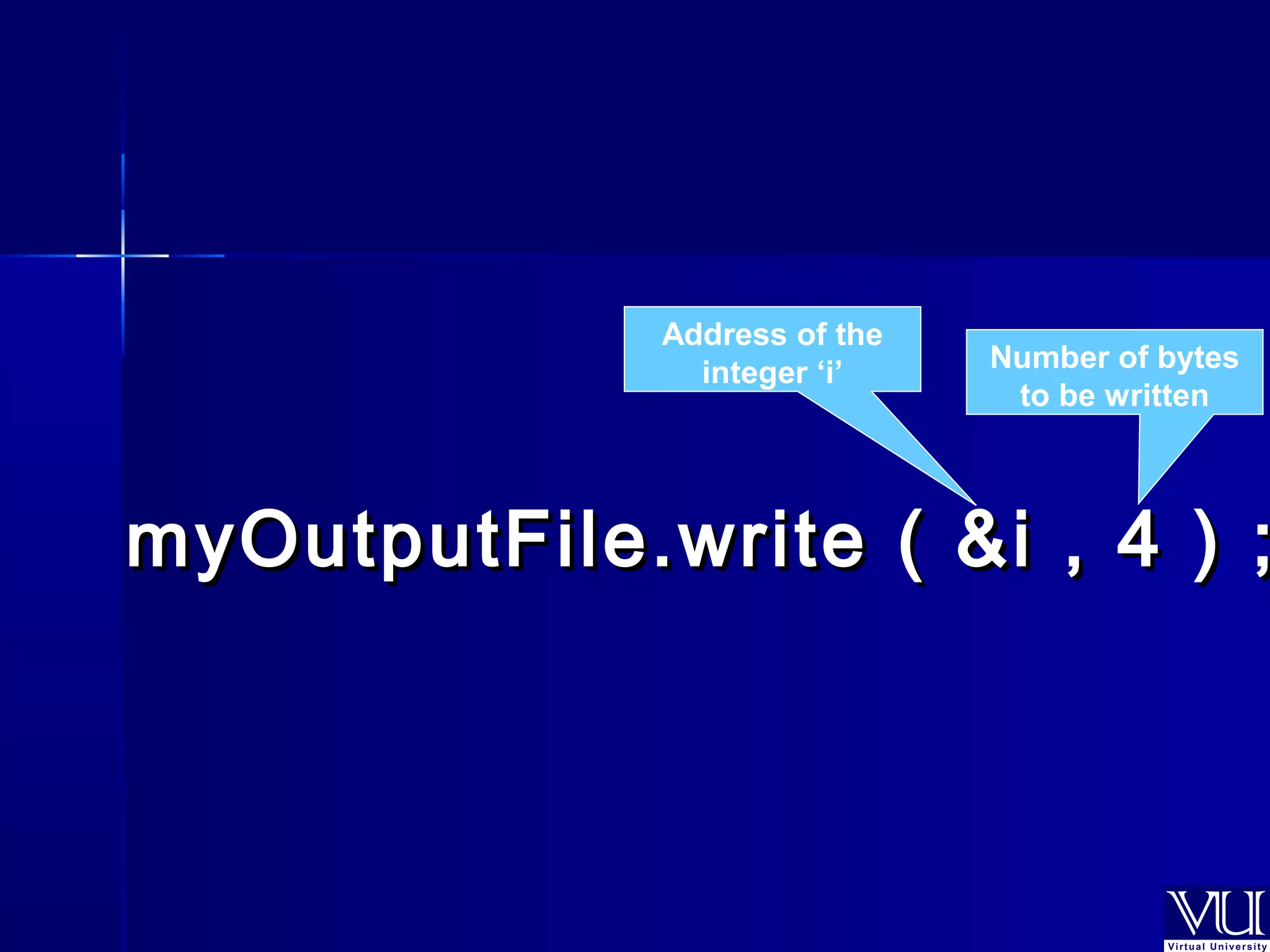 Address of the 
integer ‘i’ Number of bytes 
to be written 
myOutputFile.wwrriittee (( &&ii ,, 44 )) ;; 
 