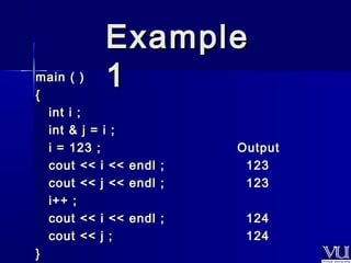 EExxaammppllee 
mmaaiinn ( ) 11 
{{ 
iinntt ii ;; 
iinntt && jj == ii ;; 
ii == 112233 ;; OOuuttppuutt 
ccoouutt <<<< ii <<<< eennddll ;; 112233 
ccoouutt <<<< jj <<<< eennddll ;; 112233 
ii++++ ;; 
ccoouutt <<<< ii <<<< eennddll ;; 112244 
ccoouutt <<<< jj ;; 112244 
}} 
 