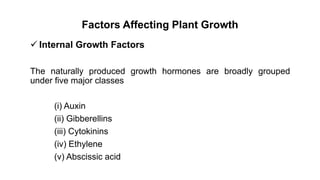 Factors Affecting Plant Growth
 Internal Growth Factors
The naturally produced growth hormones are broadly grouped
under five major classes
(i) Auxin
(ii) Gibberellins
(iii) Cytokinins
(iv) Ethylene
(v) Abscissic acid
 