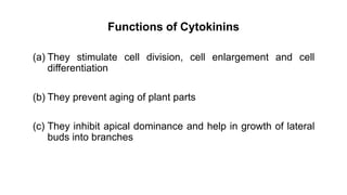 Functions of Cytokinins
(a) They stimulate cell division, cell enlargement and cell
differentiation
(b) They prevent aging of plant parts
(c) They inhibit apical dominance and help in growth of lateral
buds into branches
 