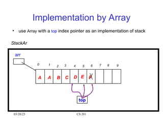 03/20/25 CS 201
Implementation by Array
• use Array with a top index pointer as an implementation of stack
E F
0 1 7 8 9
2 3 4 5 6
A B C D
top
StackAr
arr
A
 