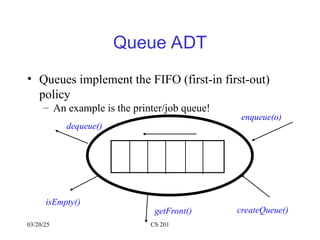 03/20/25 CS 201
Queue ADT
• Queues implement the FIFO (first-in first-out)
policy
– An example is the printer/job queue!
enqueue(o)
dequeue()
isEmpty()
getFront() createQueue()
 