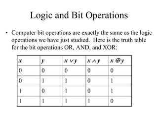 Logic and Bit Operations
• Computer bit operations are exactly the same as the logic
operations we have just studied. Here is the truth table
for the bit operations OR, AND, and XOR:
x y x  y x  y x  y
0 0 0 0 0
0 1 1 0 1
1 0 1 0 1
1 1 1 1 0
 
